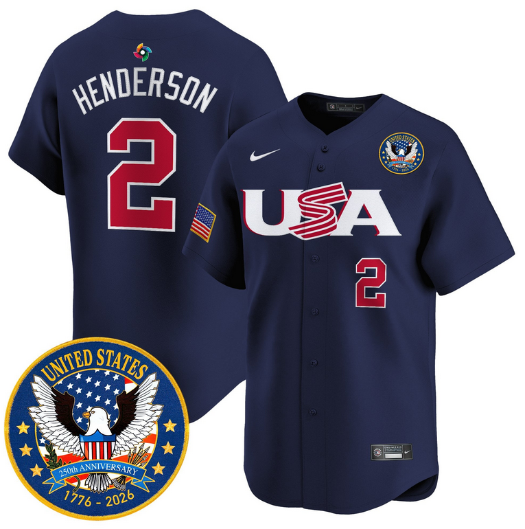 Men Team USA World Baseball Classic 250th Anniversary #2 Henderson navy blue 2026 Roster Patch Vapor Jersey